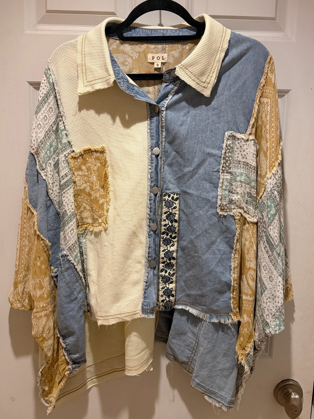 POL Patchwork Mixed-Media Oversized Top in Blue, Cream & Mustard Size S